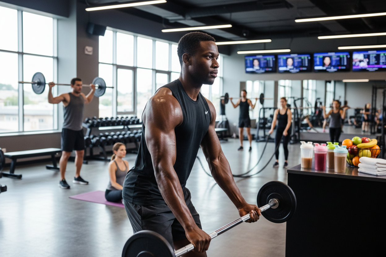 A muscular man performs a barbell curl in a modern gym while other people exercise in the background.