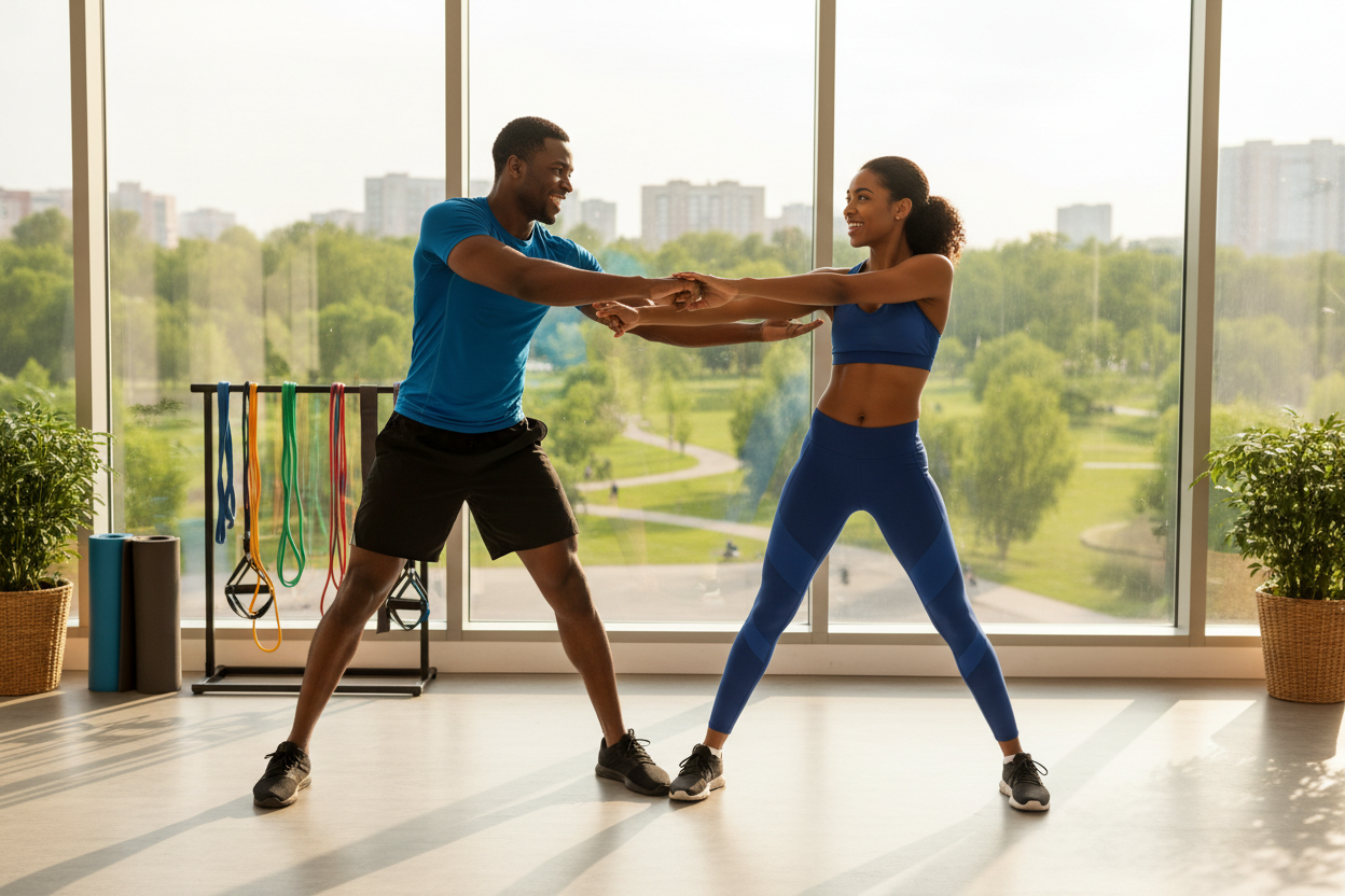 A man and a woman in athletic wear perform a partner exercise while facing each other in a gym with floor-to-ceiling windows.
