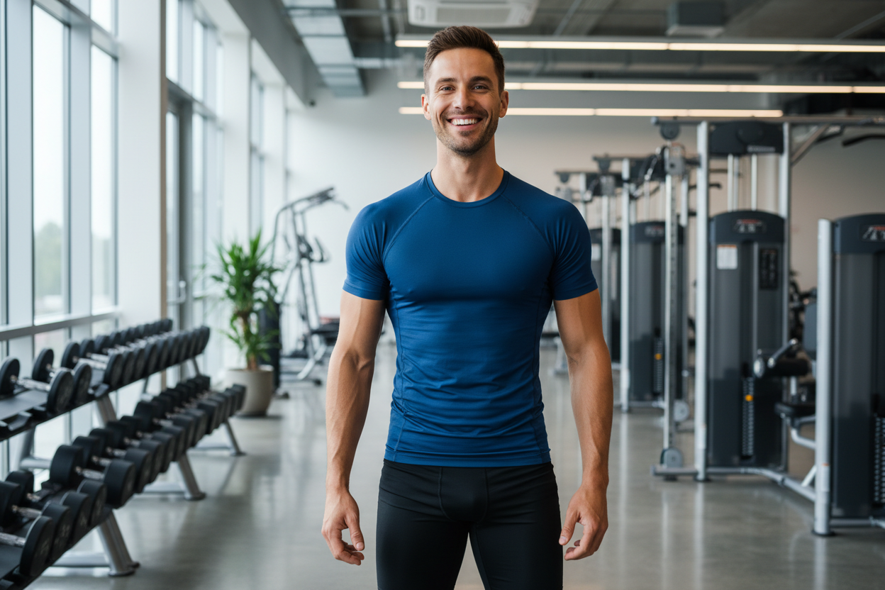 A smiling man in a blue athletic shirt stands in a modern gym.