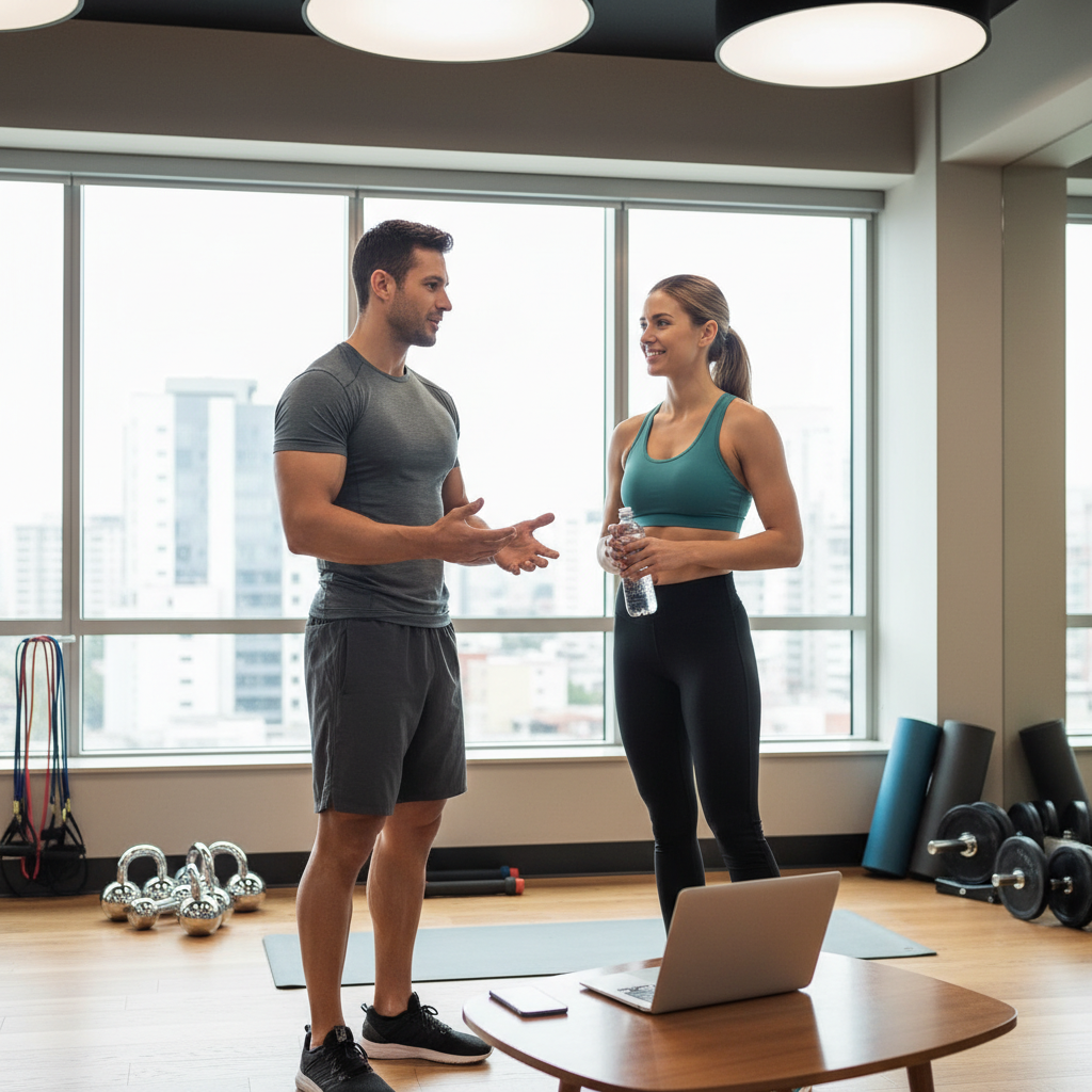 A male fitness trainer and a female client in workout clothes stand in a gym talking near a laptop on a table.