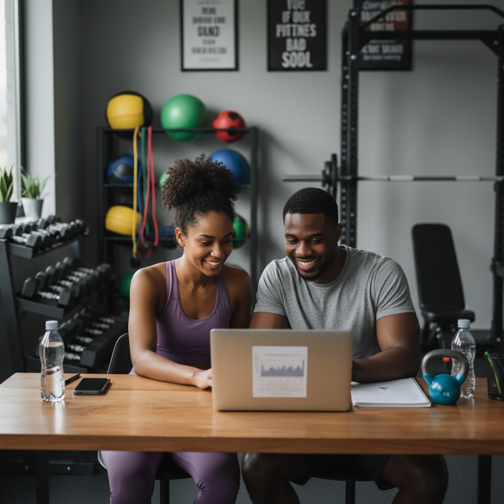 A man and a woman in athletic wear sit at a wooden desk in a gym, smiling while looking at a laptop screen together.